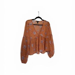 Forever 21 Floral V-Neck Blouse - Orange